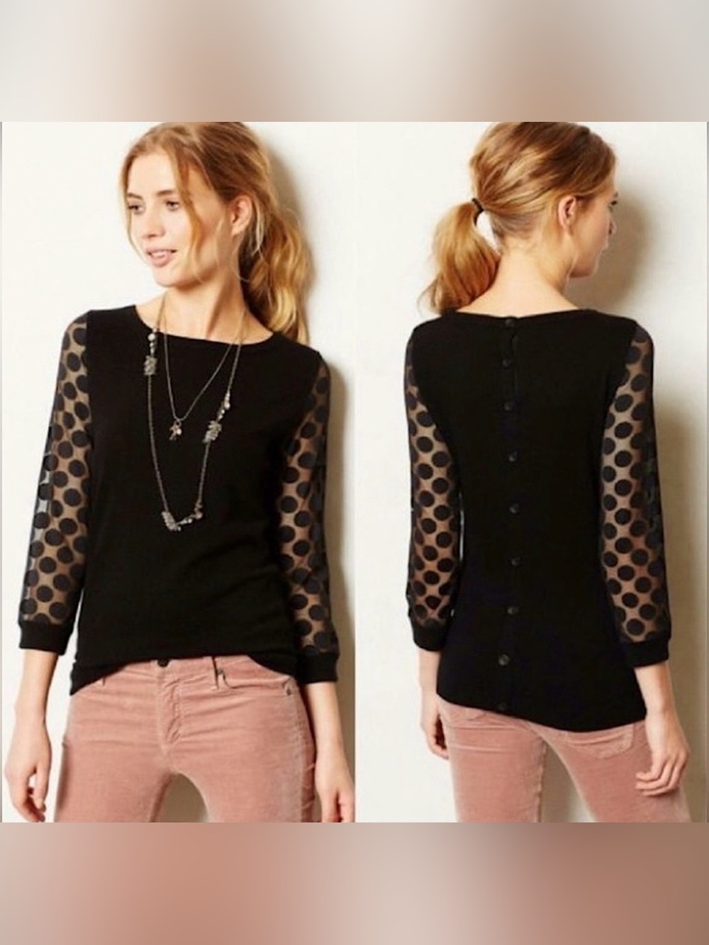 Anthropologie Sparrow Cashmere Blend Dot Lace Sheer Sleeve Black Sweater Small